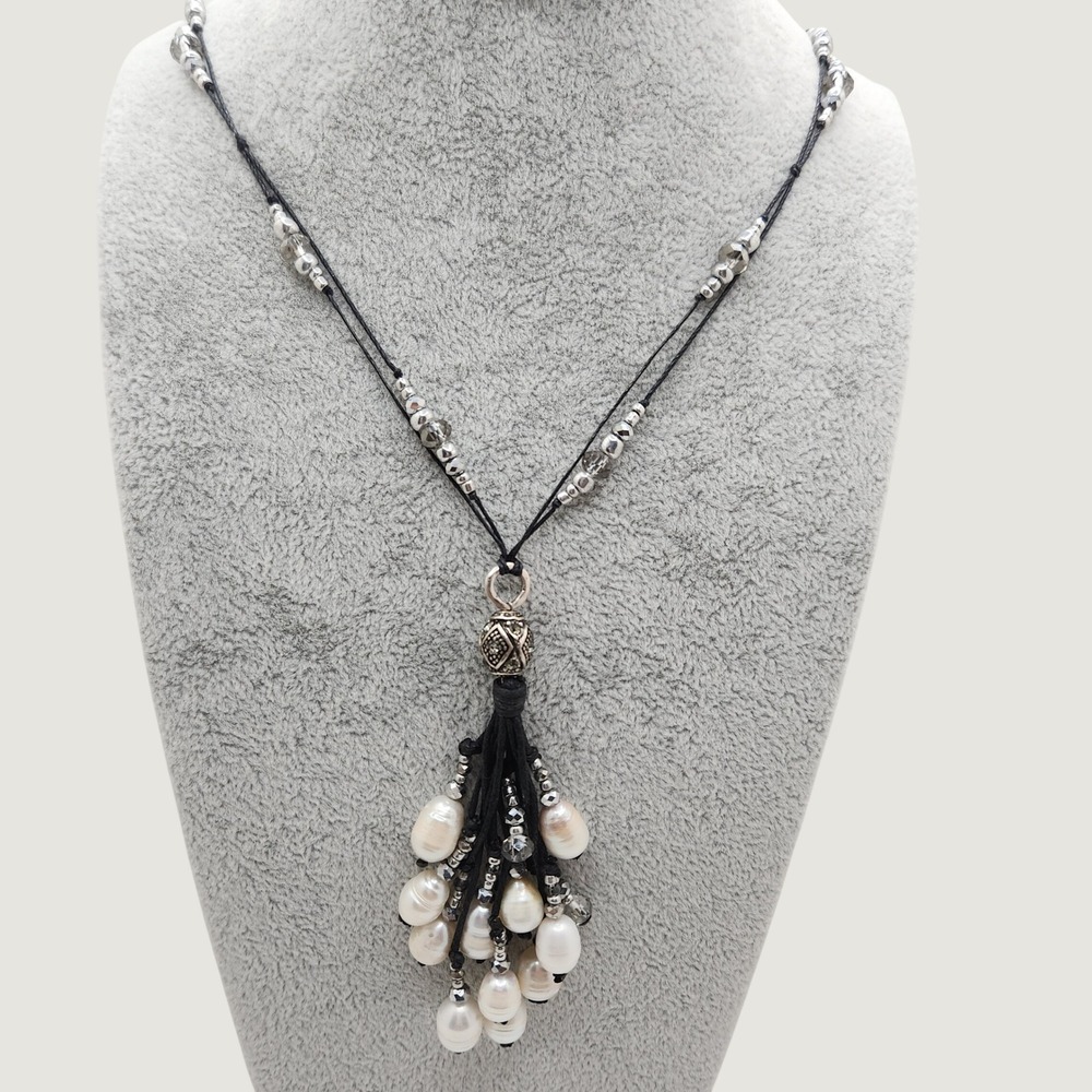 Boho Cultured Pearl Tassel Pendant Necklace Crystal Silver Tone Beaded Elegant